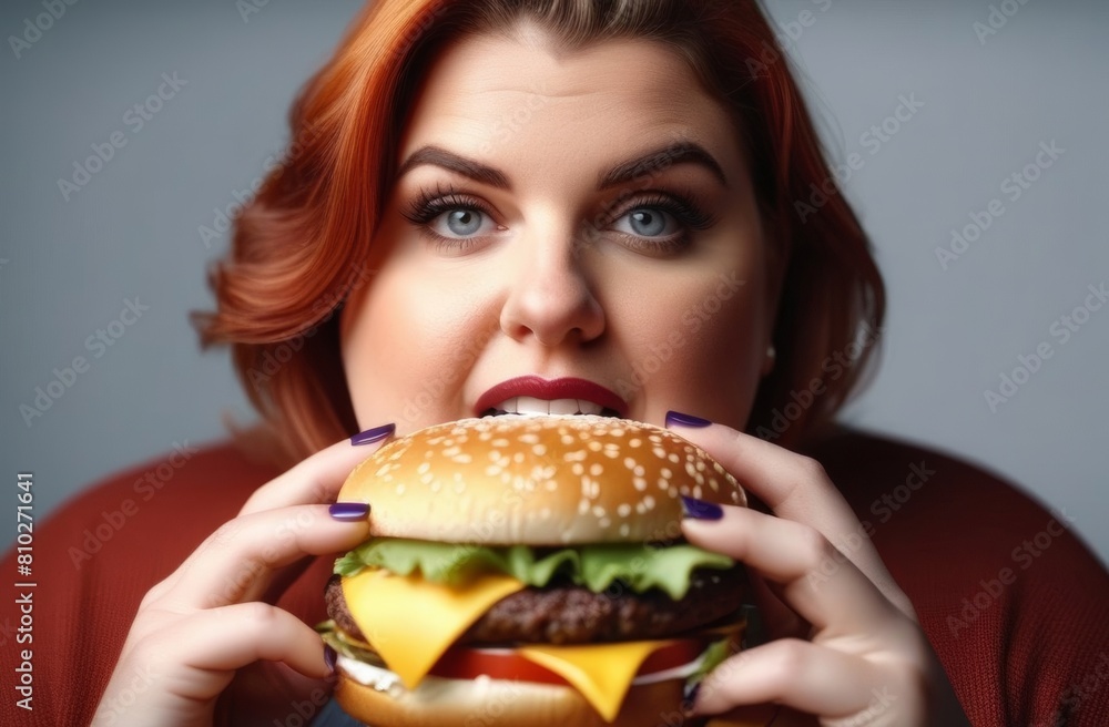 overweight girl holding a hamburger near her mouth