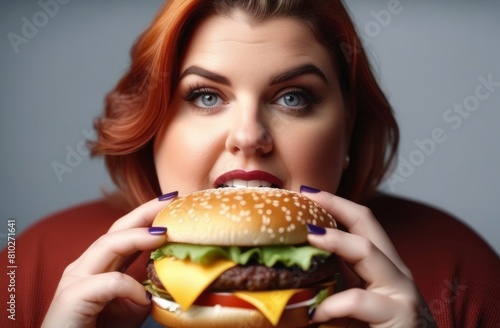 overweight girl holding a hamburger near her mouth