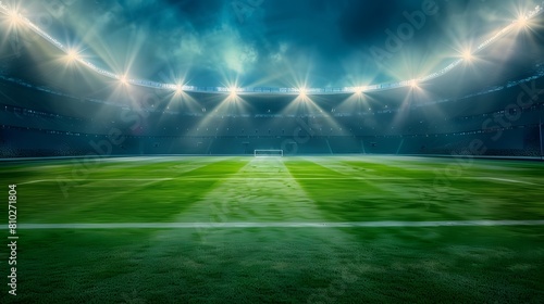 Football stadium arena for match with spotlight. Soccer sport background  green grass field for competition champion match.