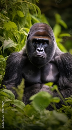 Powerful gorilla in lush green foliage