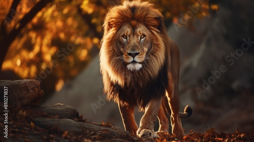 majestic lion in autumn forest