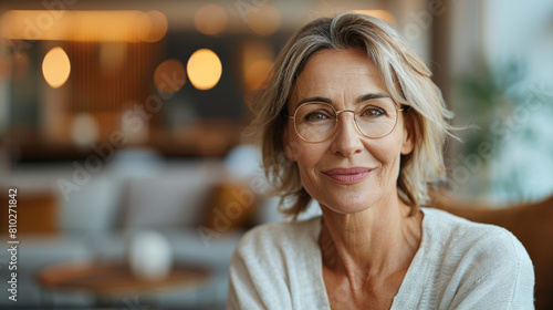 Poised and reflective, a woman in a cozy setting exudes understated elegance. photo