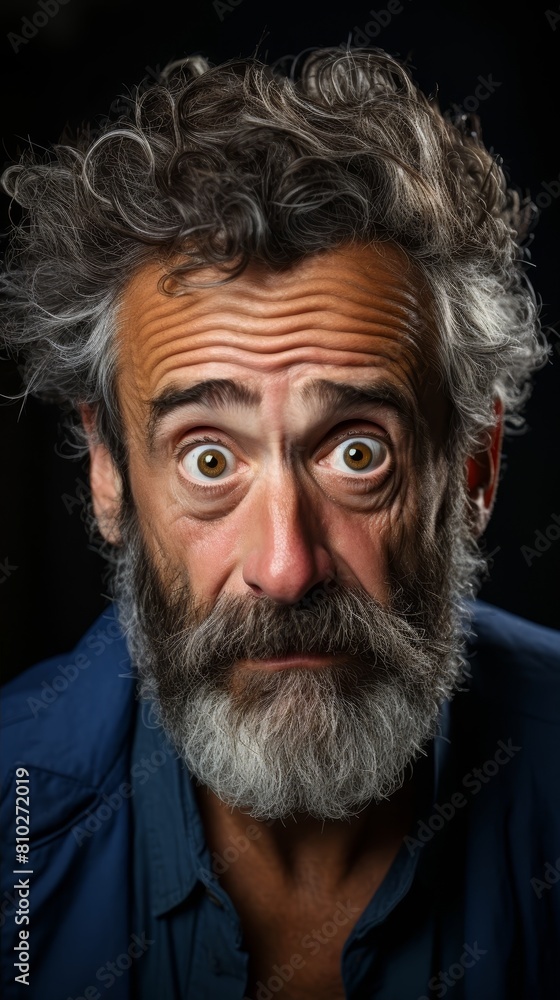 Intense Facial Expression of Older Man with Curly Hair and Beard Intense Facial Expression of Older Man with Curly Hair and Beard