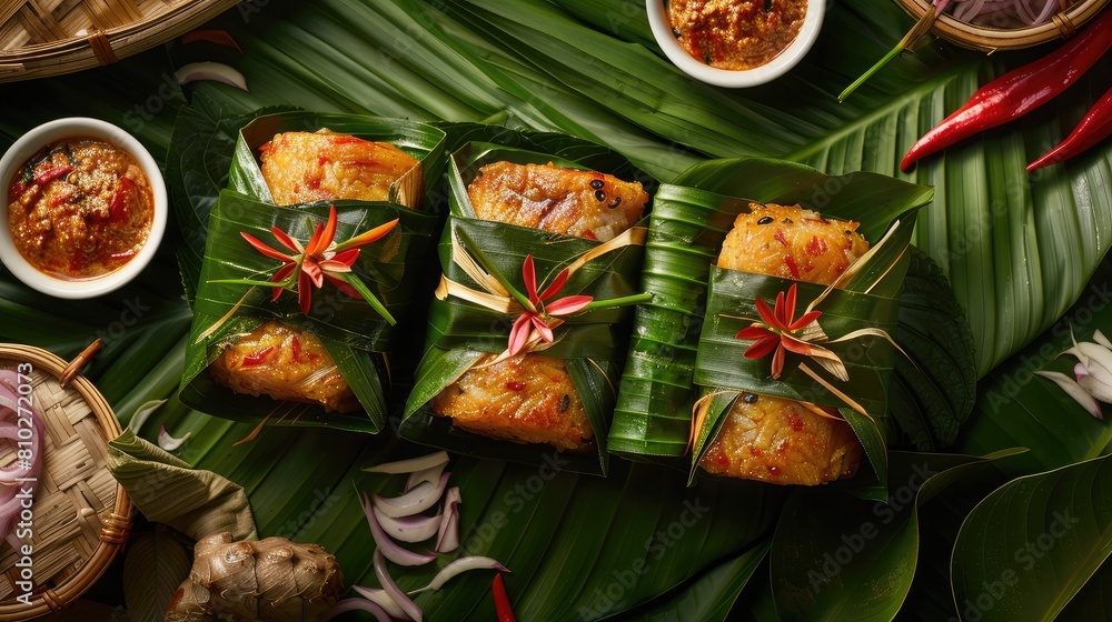 Fototapeta premium Traditional Thai banana leaf-wrapped parcels filled with fragrant rice and curry