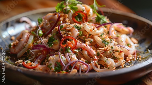 Sensational Squid Salad: Elevate your dining experience with a taste of Thailand's famous seafood dish, brimming with bold flavors and textures.