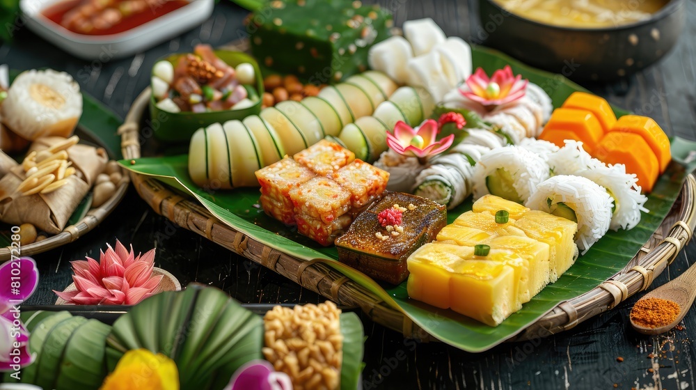 Traditional Thai desserts beautifully arranged on a banana leaf platter Traditional Thai desserts beautifully arranged on a banana leaf platter