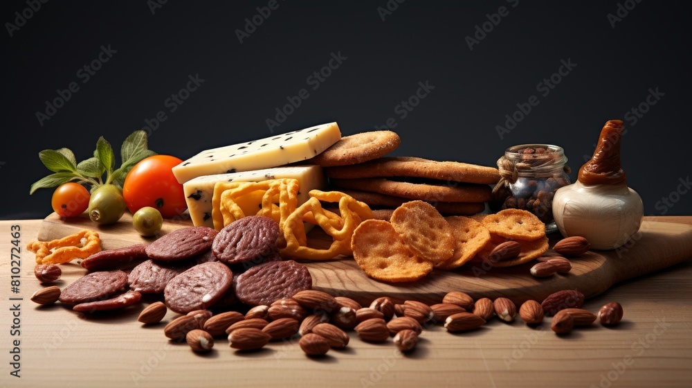 Assortment of savory snacks and nuts on wooden board Assortment of savory snacks and nuts on wooden board