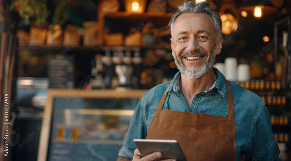 Portrait, mature man or waiter with tablet in coffee shop for customer service, employment and small business. Happy, male person or barista in cafe with technology for communication and social media Portrait, mature man or waiter with tablet in coffee shop for customer service, employment and small business. Happy, male person or barista in cafe with technology for communication and social media