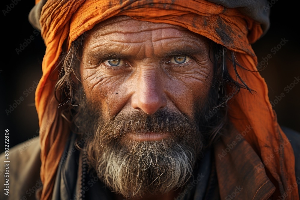 Weathered face of an elderly man with a long beard wearing an orange turban Weathered face of an elderly man with a long beard wearing an orange turban