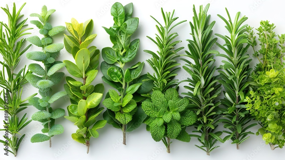 A variety of fresh, green herbs on a white background