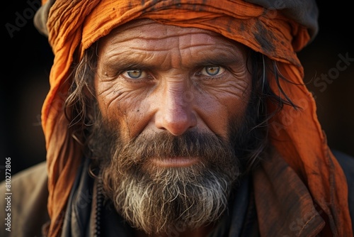 Weathered face of an elderly man with a long beard wearing an orange turban