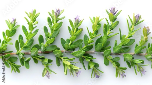 Generate an illustration of a single stem of green foliage with small purple flowers