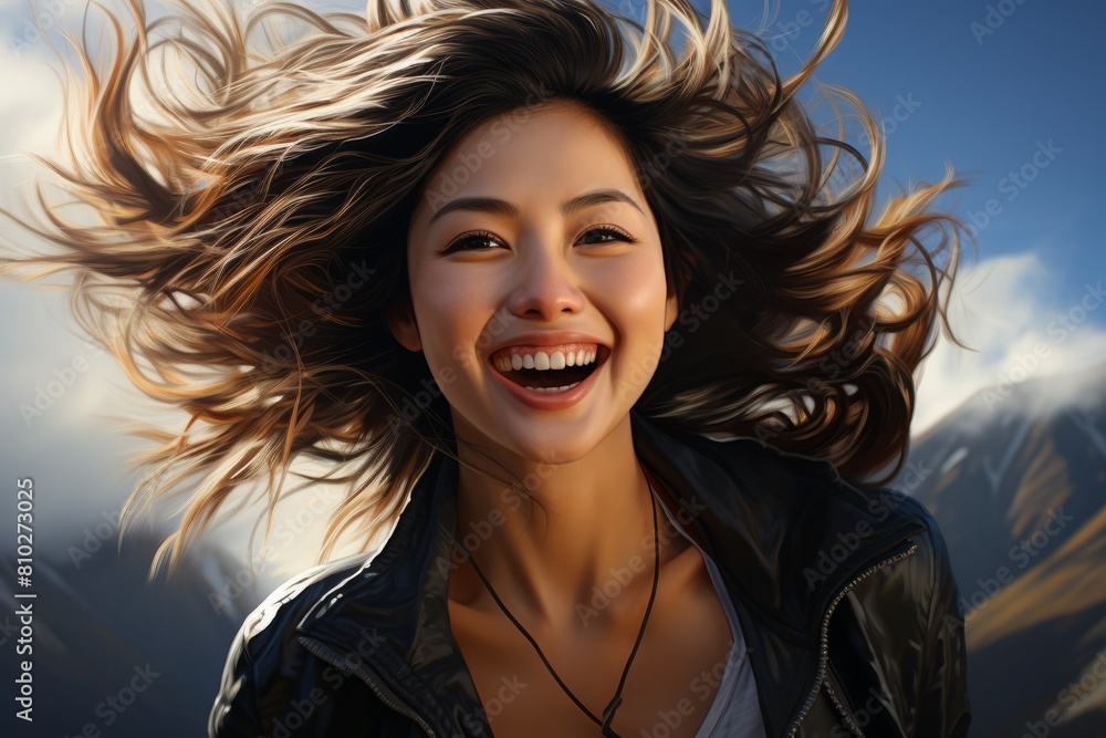 Joyful woman with windblown hair Joyful woman with windblown hair