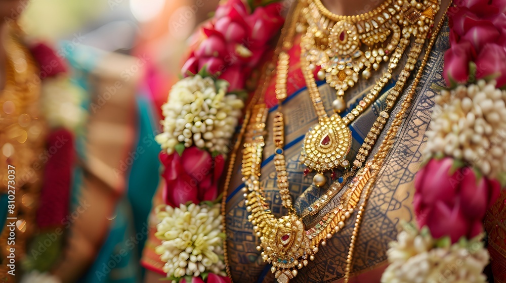in South Indian Marriage function Mangalsutra Jewellery on bride's saree.
