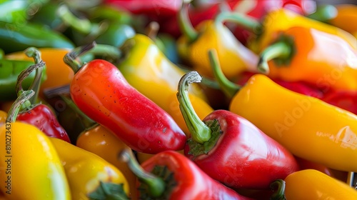 Zesty Zing: Close-up of colorful chili peppers, showcasing their fresh, spicy essence.