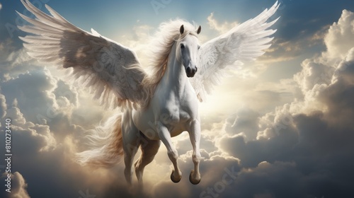 Majestic winged horse soaring through cloudy sky