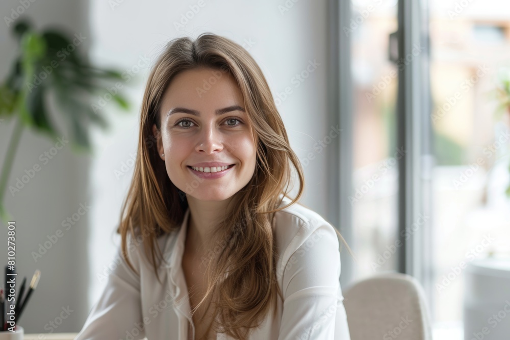 beautiful happy woman looking at camera while sitting at the office. business style white wear beautiful happy woman looking at camera while sitting at the office. business style white wear