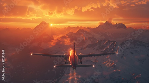 Epic landing with the sun embracing the mountains, plane landing beneath a breathtaking sunset, sunset landing
