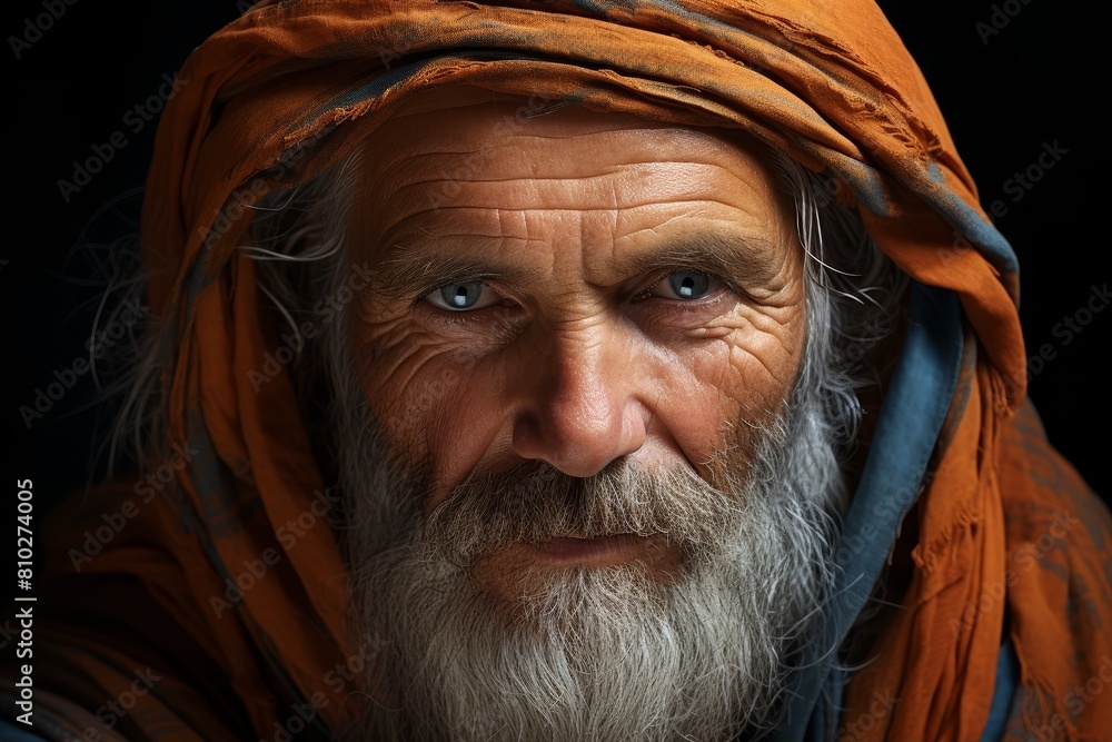 Weathered face of elderly man with long beard and turban Weathered face of elderly man with long beard and turban