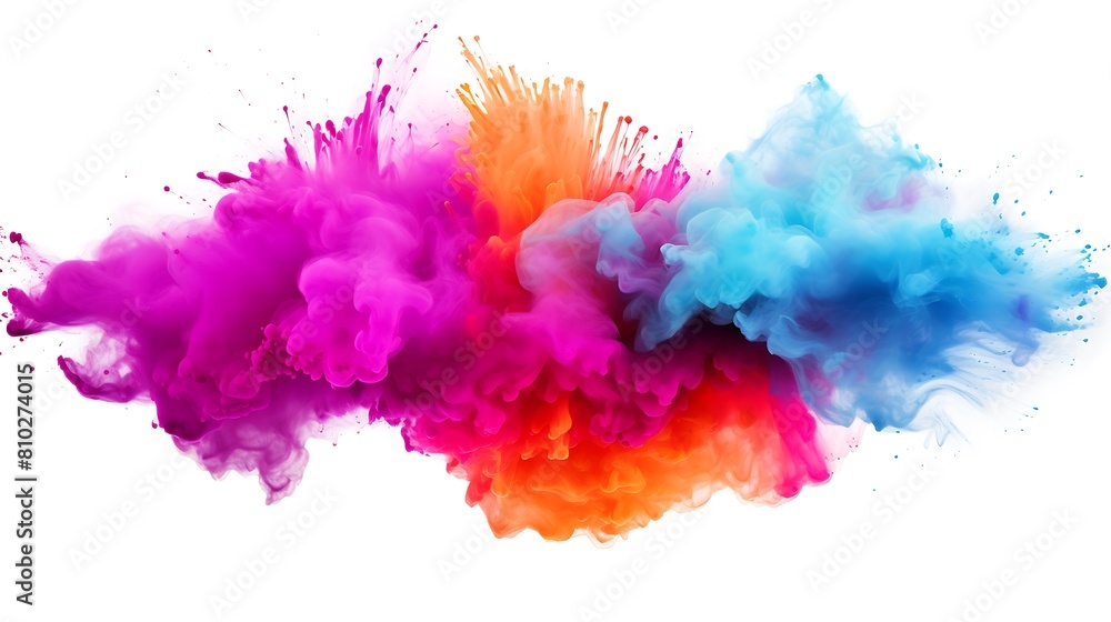 Explosion splash of colorful powder with freeze isolated on withe background, abstract splatter of colored dust powder