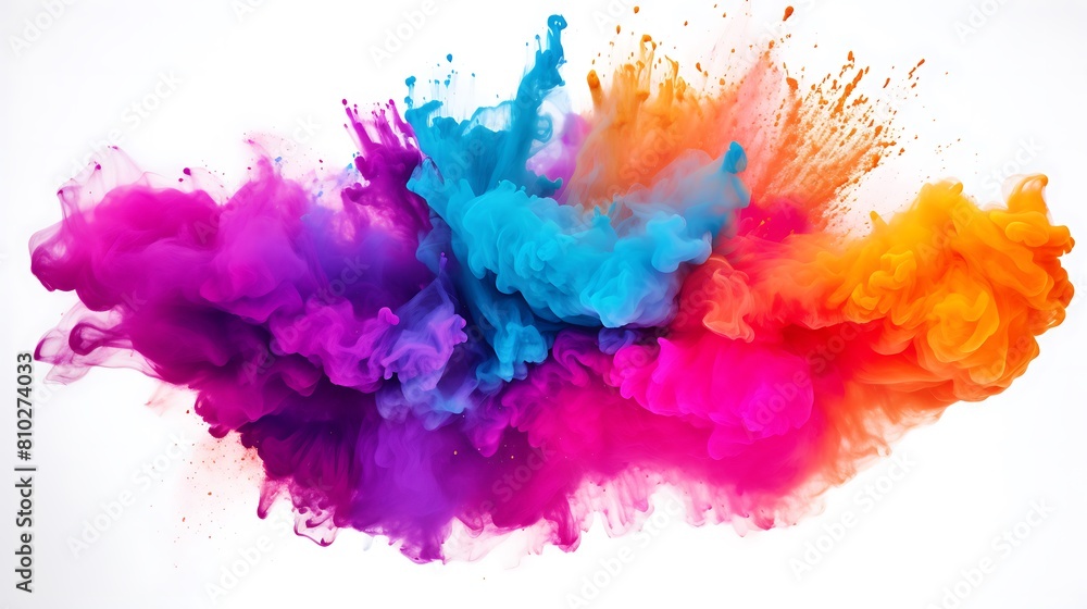 Explosion splash of colorful powder with freeze isolated on withe background, abstract splatter of colored dust powder Explosion splash of colorful powder with freeze isolated on withe background, abstract splatter of colored dust powder