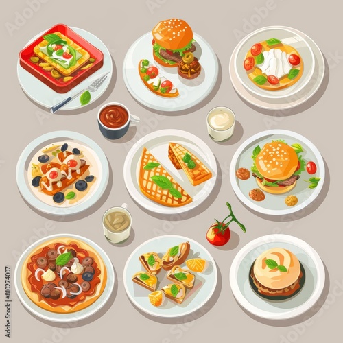 A beautiful isometric set of gourmet dishes, elegantly presented to delight the senses, model isolated on solid background