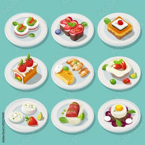 A beautiful isometric set of gourmet dishes, elegantly presented to delight the senses, model isolated on solid background