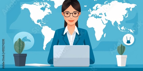 professional woman working at desk with world map