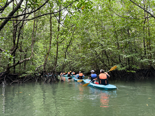 Obraz na plátne Kilim Geoforest Park mangrove kayak tour on a rainy day, overlooking some touris