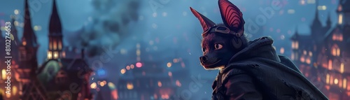 A closeup half body of charismatic nocturnal animal, a bat in detective gear, solving mysteries in a gothic cityscape, with HUD, Sharpen banner with copy space photo