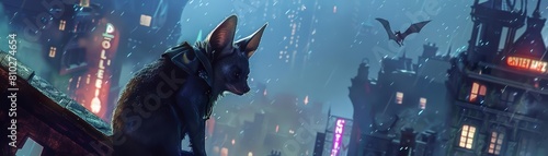 A closeup half body of charismatic nocturnal animal, a bat in detective gear, solving mysteries in a gothic cityscape, with HUD, Sharpen banner with copy space photo