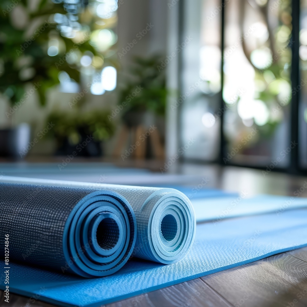 A closeup stock photo of yoga mats in a serene studio, suitable for wellness ads with ample copy space A closeup stock photo of yoga mats in a serene studio, suitable for wellness ads with ample copy space