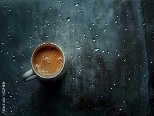 A cup of steaming coffee on a rainy day, viewed from above, captures the essence of comfort with room for copy in ads