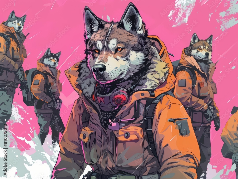 A cute of a pack animal, a husky in a parka, leading an Arctic exploration team, with cyberpunk 80s styles, Sharpen banner with copy space A cute of a pack animal, a husky in a parka, leading an Arctic exploration team, with cyberpunk 80s styles, Sharpen banner with copy space