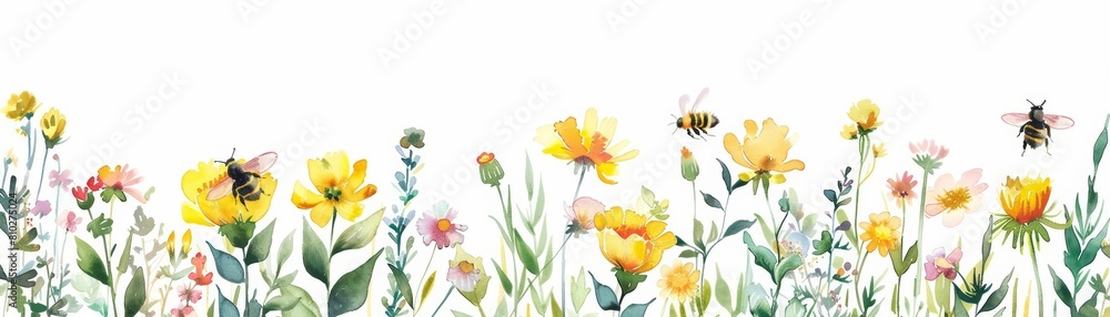 A cute watercolor of a bustling bee garden, reflecting the importance of pollinators, isolated white background A cute watercolor of a bustling bee garden, reflecting the importance of pollinators, isolated white background