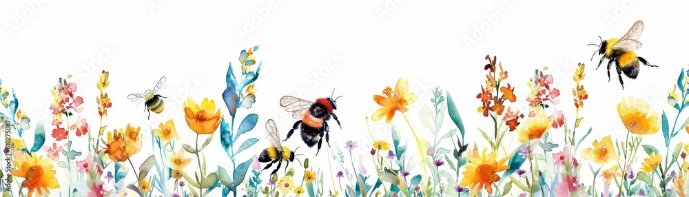 A cute watercolor of a bustling bee garden, reflecting the importance of pollinators, isolated white background
