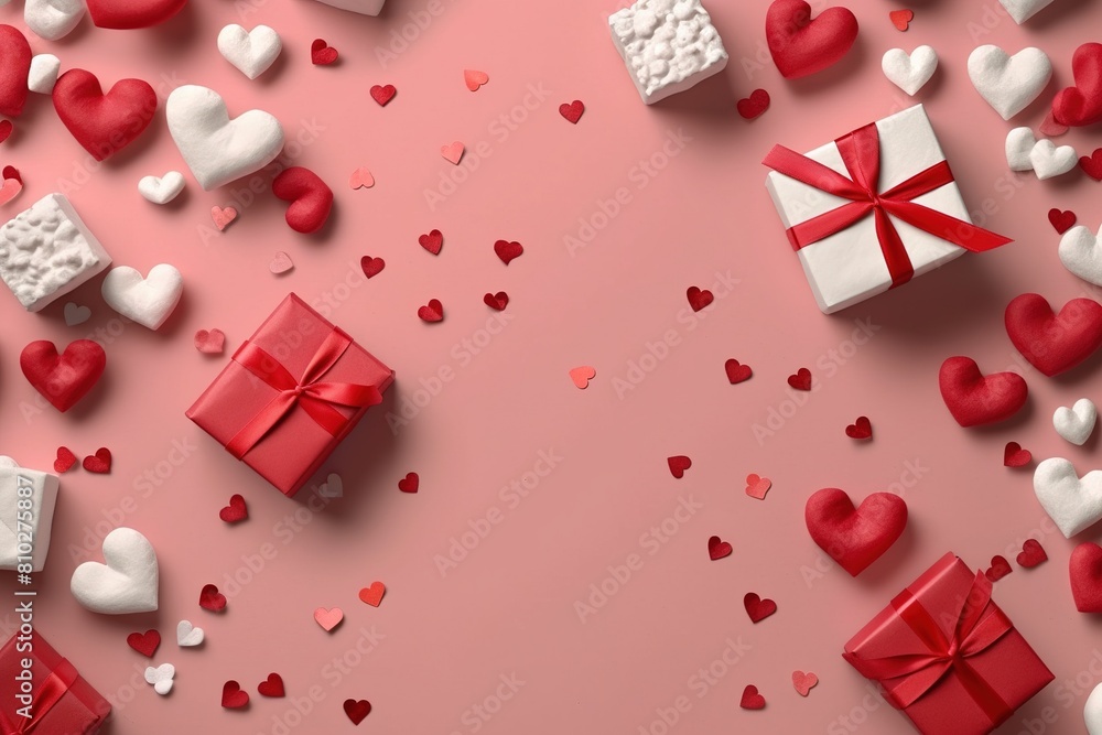 Valentine's Day background with gifts and hearts. Greeting card Valentine's day, Womans day, wedding, birthday or mothers day Valentine's Day background with gifts and hearts. Greeting card Valentine's day, Womans day, wedding, birthday or mothers day