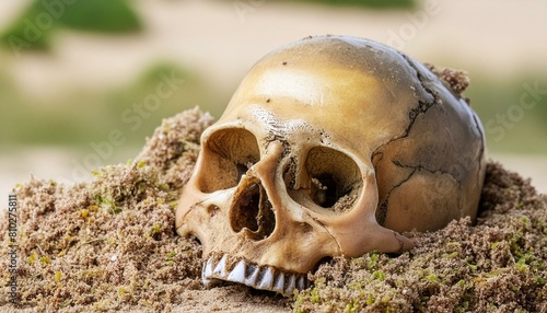 human skull buried in sand