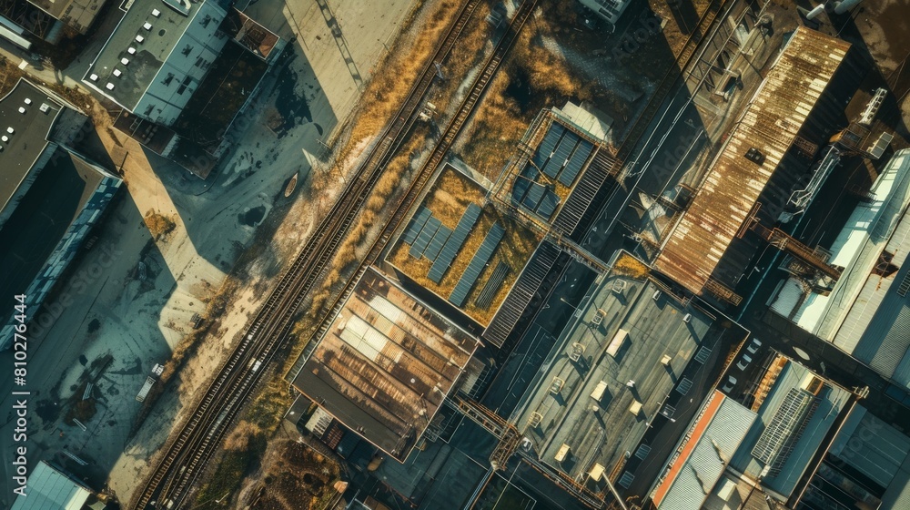 Green Energy Harvest: Aerial Top-Down View of Solar Energy Panels Park on Factory Rooftop Green Energy Harvest: Aerial Top-Down View of Solar Energy Panels Park on Factory Rooftop