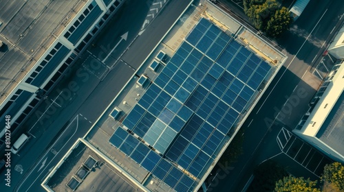 Green Energy Harvest: Aerial Top-Down View of Solar Energy Panels Park on Factory Rooftop