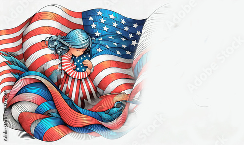 Patriotic background with the image of a girl on the background of the American flag