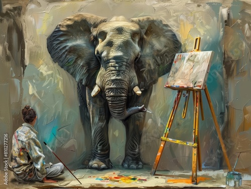 Amazing of a keystone herbivore, an elephant in a canvas artist s smock, painting murals on savannah canvases, portrait, Sharpen banner hitech styles with copy space photo