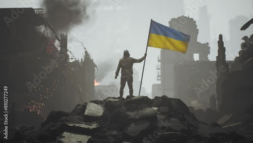 Ukrainian War Civilian Soldier Man Holding Ukraine Flag amid Destruction Devastation Piece Talks Rebuilding Renew Violence Invasion Resistance Concept photo