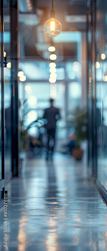 Fototapeta premium Startup, office and person in workplace with lightbulb, opportunity and idea for business. Corporate, space and light in hall with employee walking on floor with inspiration, energy or power