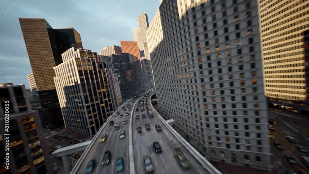 Digital City Downtown Landscape Fpv Drone Flight Highway Traffic Jams Corporate Success Human Carbon Footprint Overpopulation Concept