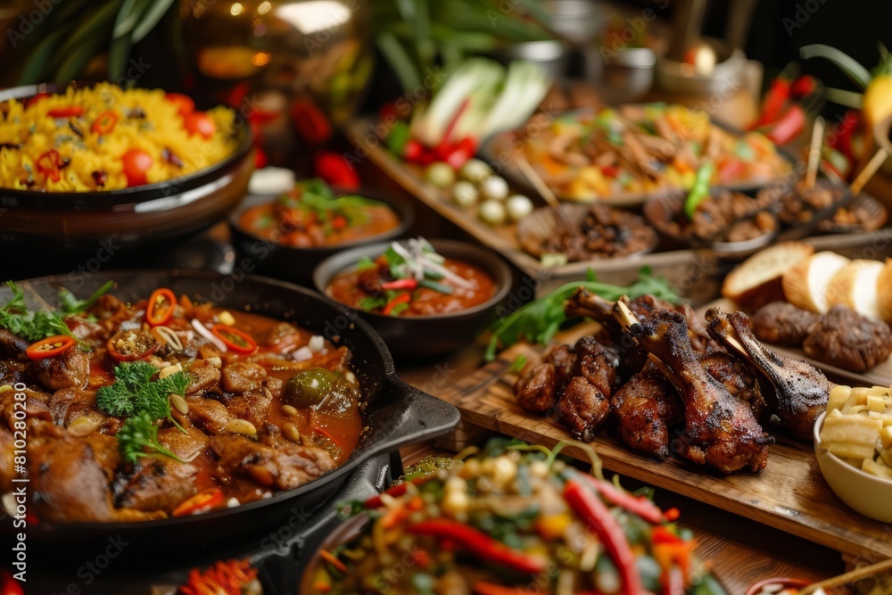 Delight in a food explosion scattering flavors across an unseen canvas, featuring ethnic cuisine that surprises and satisfies with every bite Delight in a food explosion scattering flavors across an unseen canvas, featuring ethnic cuisine that surprises and satisfies with every bite