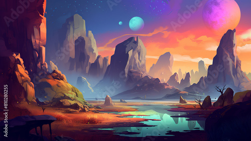 A captivating illustration of a vast alien landscape  bathed in the soft glow of multiple moons hovering in the sky  strange rock formations and exotic flora dotting the surreal terrain  a sense of ot