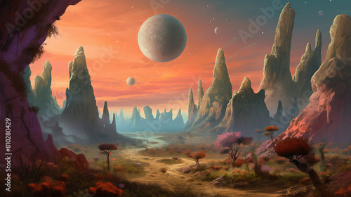 A captivating illustration of a vast alien landscape  bathed in the soft glow of multiple moons hovering in the sky  strange rock formations and exotic flora dotting the surreal terrain  a sense of ot