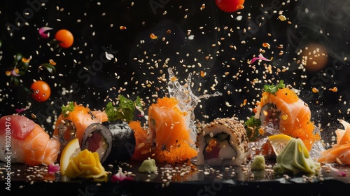 Experience the enchantment of flying healthy food explosion on a dark black background, where sushi and sashimi soar in an unpredictable twist of flavors
