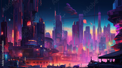 A stunning illustration of a futuristic city skyline at dusk, towering skyscrapers aglow with neon lights against a darkening sky, bustling streets filled with hovercars and bustling crowds, capturing photo